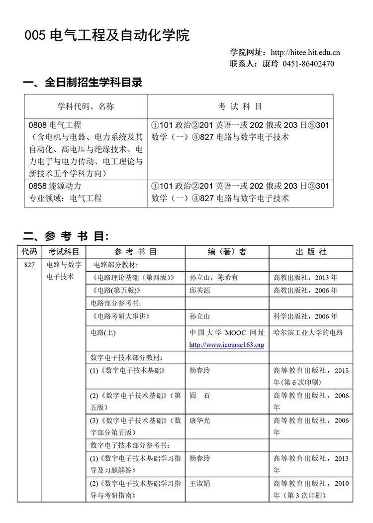 2021哈尔滨工业大学电气工程及自动化学院考研招生目录